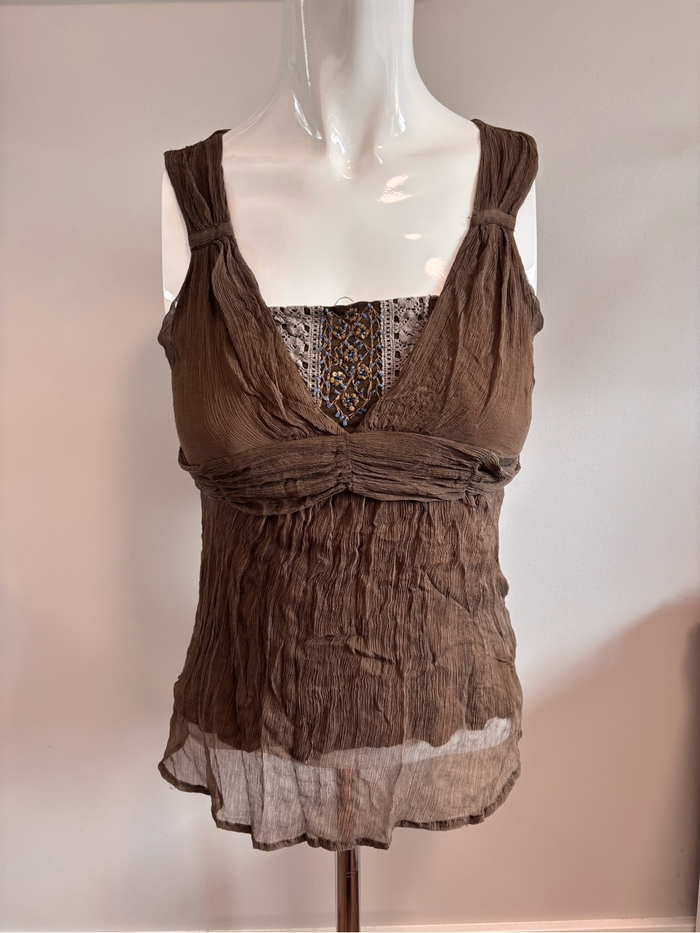 RW&CO. Brown Crinkle Babydoll Tank with Embroidered Inset